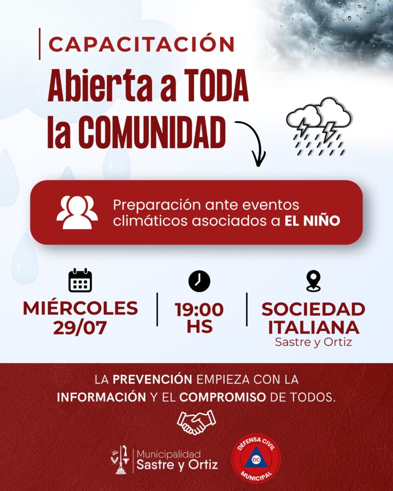 Sastre y Ortiz invita a una capacitación abierta sobre prevención y respuesta ante emergencias climáticas
