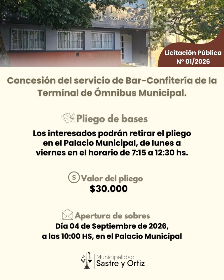 Licitación Pública N.º 01/2026: Concesión del Bar-Confitería de la Terminal de Ómnibus “Manuel Belgrano”
