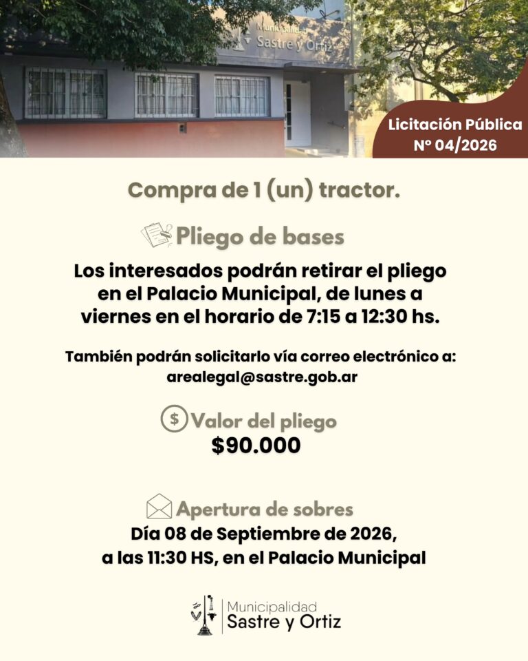 La Municipalidad de Sastre y Ortiz llamó a Licitación Pública para adquirir un nuevo tractor